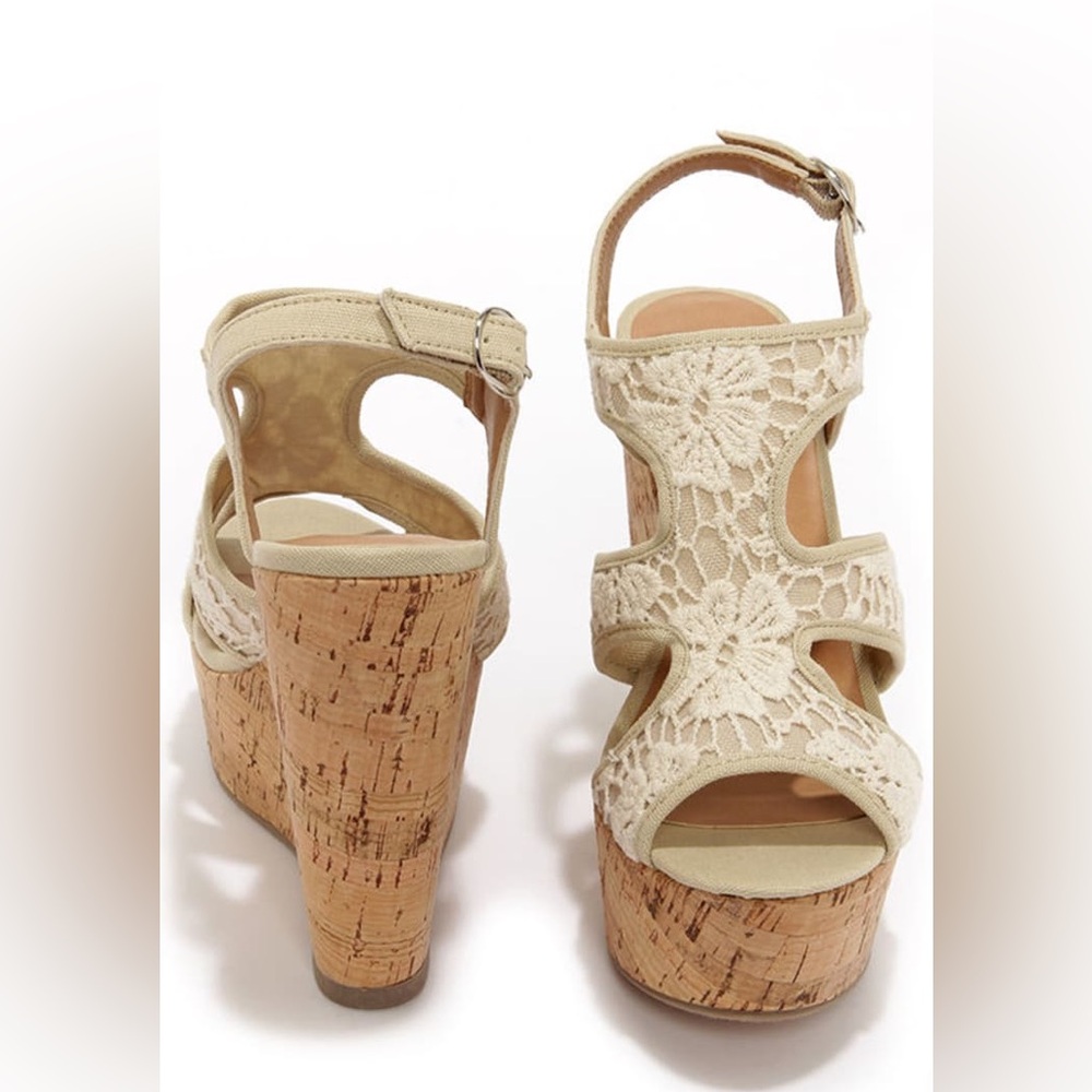 Maurice’s Lace Open Toe Cork Wedges 11